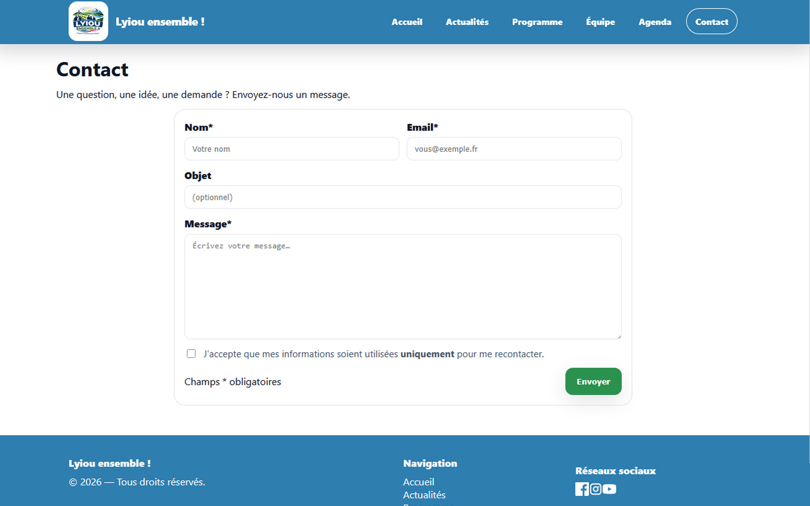 Aperçu du site public : page contact